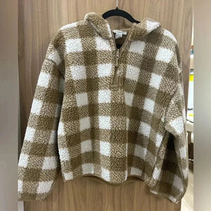 Fuzzy Warm Brown Cream Checkered 1/4 Zip LA Grown Hoodie Sweater Size Large SOFT